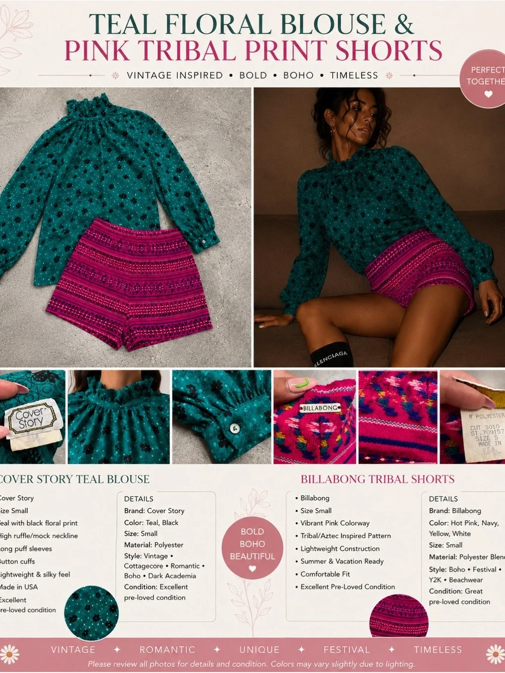 Boho Chic Matching Set | Cover Story Blouse + Billabong Shorts | Size S